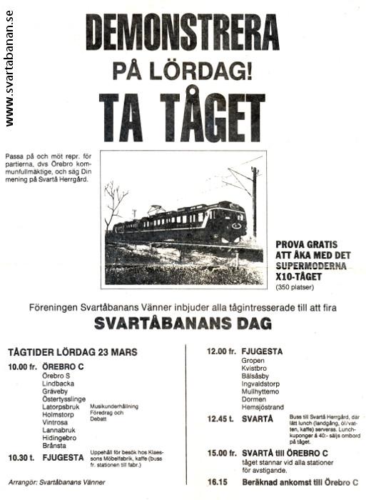 Annons för Svartåbanans dag den 23 mars 1985. - klicka för att stänga rutan