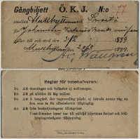 Gångbiljett för sträckan Mullhyttemo-Svartå från 1899. 