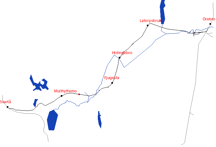 Den röda punkten visar platsen för Bälsåsby banvaktstuga längs Svartåbanan - klicka för att stänga kartan