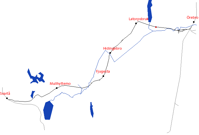 Den röda punkten visar platsen för Gräveby banvaktstuga längs Svartåbanan - klicka för att stänga kartan