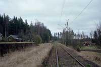 Bangården i Dormen sedd i riktning mot Mullhyttemo den 11 april 1990.  © Mattias Eriksson