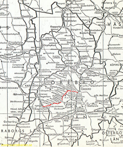 Översiktlig karta från ca 1943-1950 med Svartåbanan markerat i rött. - klicka för att förstora Översiktlig karta från ca 1943-1950 med Svartåbanan markerat i rött. - klicka för att förstora