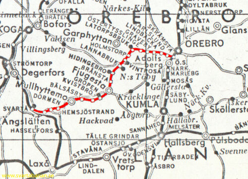 Karta från ca 1943-1950 med Svartåbanan markerat i rött. - klicka för att förstora Karta från ca 1943-1950 med Svartåbanan markerat i rött. - klicka för att förstora