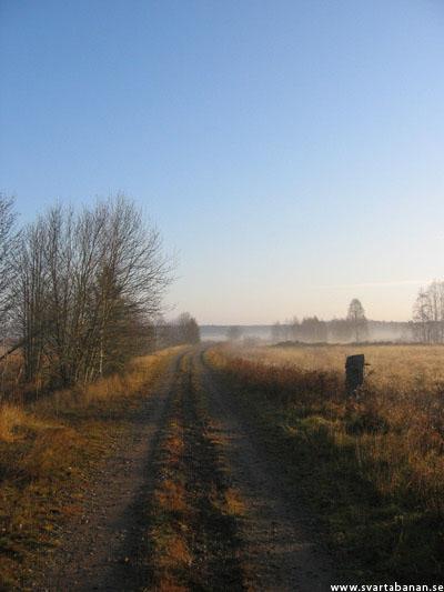 Banvallen mellan Mullhyttemo och Ingvaldstorp en tidig höstmorgon 2004. - klicka för att stänga rutan