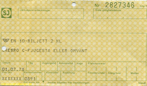 En 10-biljett Örebro-Fjugesta eller omvänt från juli 1978. - klicka för att förstora En 10-biljett Örebro-Fjugesta eller omvänt från juli 1978. - klicka för att förstora