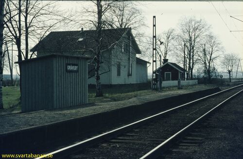 Gräveby hållplatskur, plattform, stationshus och tvättstuga våren 1972. - klicka för att förstora Gräveby hållplatskur, plattform, stationshus och tvättstuga våren 1972. - klicka för att förstora