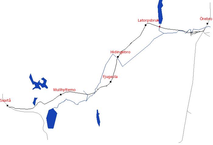 Den röda punkten visar platsen för Järnvägsbron Rumboholm längs Svartåbanan - klicka för att stänga kartan